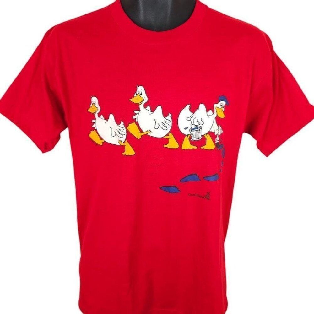 Vintage Cartoon Ducks T Shirt Mens Size Medium Red 80s Animal Tracks Made In USA